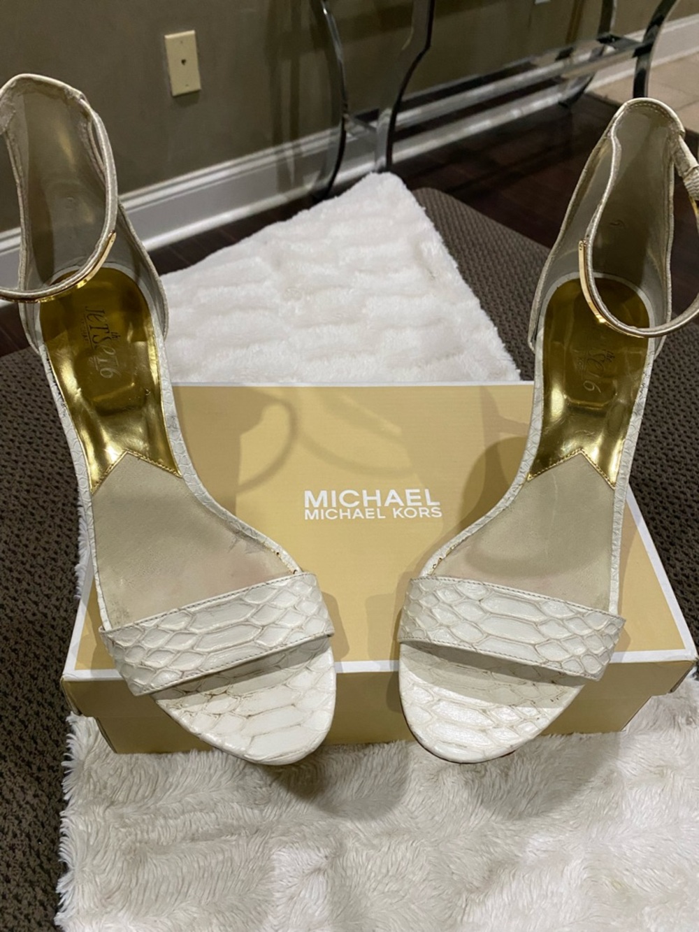 Michael Kors White Textured Leather Ankle-Strap Heels
